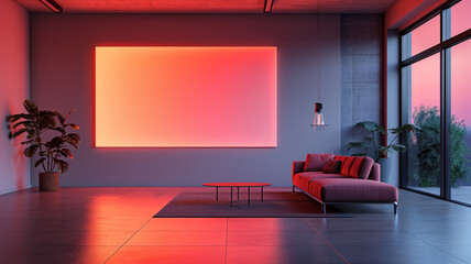 Empty Neon Lit Frame for Artwork Placement, Yellow Orange Themed Room Background