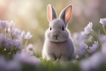 Fototapeta premium A sweet image of a baby rabbit sitting on a patch of flowers, with a softly blurred background that creates a large, open area for copy or design.