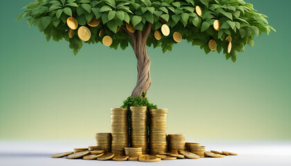 An artistic composition featuring a stack of golden coins growing into a tree with lush green leaves, set against a soft gradient background to emphasize the concept 