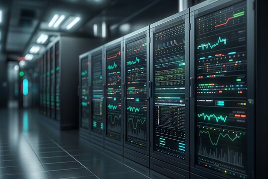 Glowing indicators on server racks in a data center evoke the concepts of data processing and information technology