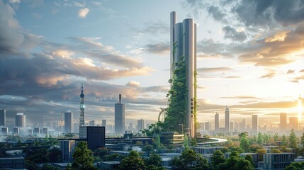 Obraz premium Futuristic Industry A futuristic industrial carbon capture facility stands tall in a modernized urban landscape, a vision of a world committed to environmental sustainability