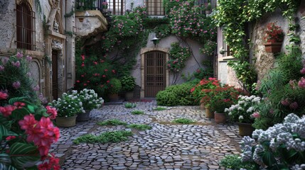 Naklejka premium Cobblestone Alley with Colorful Flowers