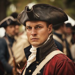 Historical reenactment of American Revolution, actors in period costumes, British soldiers, colonial setting, dramatic scene, natural lighting, detailed textures, wideangle shot