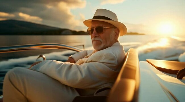 an old man with style sailing with his boat on sunset beach - Powered by Adobe