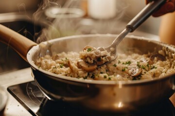 Spoon Serving Mushroom Risotto in Kitchen 