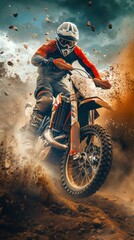 Naklejka premium Motorcyclist Riding Through Dusty Terrain. Generative ai