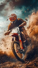 Naklejka premium Motorcyclist Riding Through Dusty Terrain. Generative ai