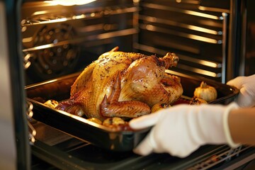Close-up of placing a turkey in the oven