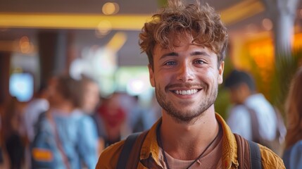 cheerful greeter standing at the entrance of a concert hall, warmly welcoming attendees with a big smile, creating an exciting and inviting atmosphere