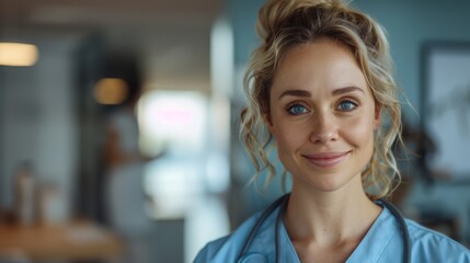Fototapeta premium friendly nurse standing at the entrance of a clinic, warmly welcoming a new patient with a reassuring smile and a caring, inviting environment