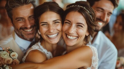Fototapeta premium family and friends congratulating a couple on their wedding day, with warm hugs and smiles, in a beautifully decorated venue, capturing love and happiness