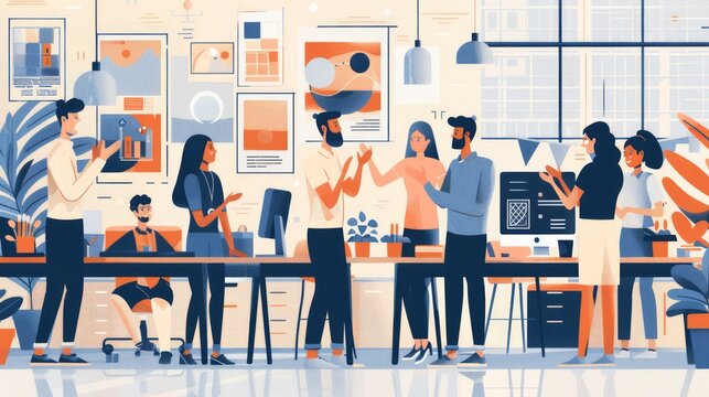 employees in a modern workspace congratulating a colleague for reaching a sales milestone, with claps and high-fives, capturing professional success and teamwork