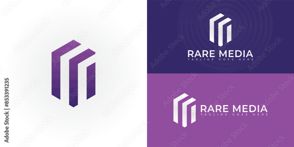 Aufkleber abstract initial hexagon letters rm or mr logo in gradient purple color isolated on multiple backgro