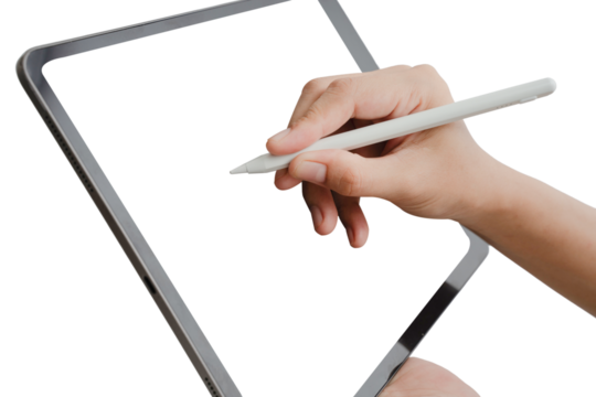 A person is writing on a tablet with a white background