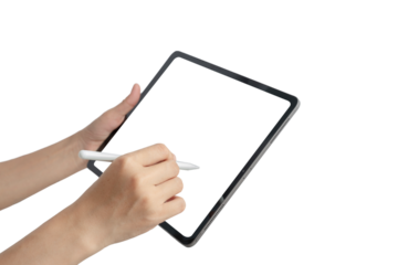 A person is holding a tablet and a pen, writing on the tablet