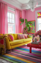 interior design, colorful living room colorful curtains, rainbow striped rug, modern furniture, large glass chandelier, yellow velvet drapes, pink walls, a yellow sofa and a red coffee table