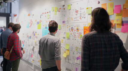 Project kick-off meeting with team members reviewing sticky notes filled with ideas on dashboards
