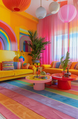 interior design, colorful living room colorful curtains, rainbow striped rug, modern furniture, large glass chandelier, yellow velvet drapes, pink walls, a yellow sofa and a red coffee table