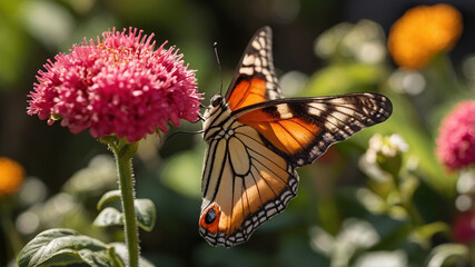 A close-up of a beautiful butterfly perched on a vibrant flower in a sunlit garden


