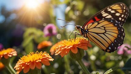 A close-up of a beautiful butterfly perched on a vibrant flower in a sunlit garden

