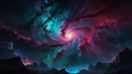 A breathtaking cosmic vista unfolds before the viewer, a nebula of swirling gas and dust lit by distant stars