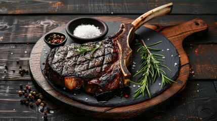 Prime rib beef fillet roast on black wooden board background, on dark wood table