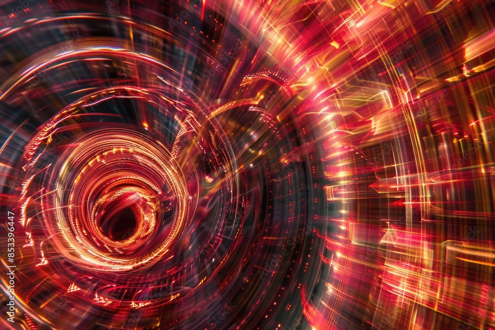 Poster a red and orange glowing circuit board with a glowing red and orange vortex in the center. aig51a.