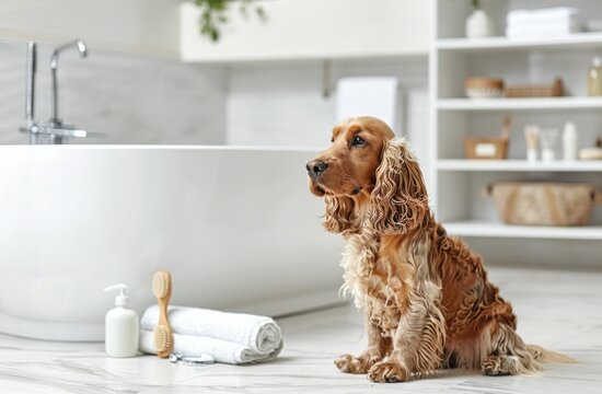Dog sitting in front of bathtub with white towel on floor in stylish bathroom for pet spa grooming session
