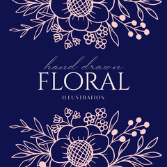 Wedding Bouquet Flower Frame drawn mono-line floral botanical flower background design