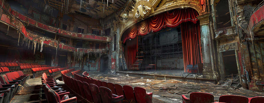 An abandoned theatre with decaying stage and velvet seats, capturing the eerie ambiance of an old-fashioned theatre turned into ruins.