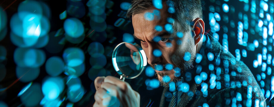 Businessman looking through magnifying glass at digital data, text and code on screen in the style of stock photo for technology concept.