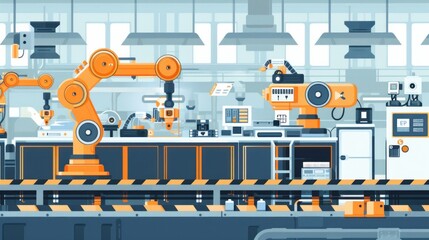vector illustration. Industrial environment with machines and robotics