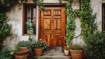 Fototapeta premium House with a wooden entry door and a potted plant
