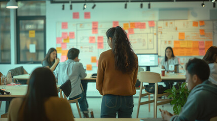 Business brainstorming in an office, sticky notes on whiteboards
