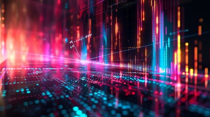 Obraz premium Abstract representation of stock market fluctuations using vibrant lines and arrows, set against a digital matrix backdrop