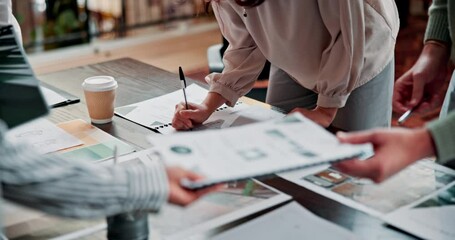 Business meeting, paperwork and client project review in public relations office with collaboration and teamwork. Document, discussion and staff agenda in conference room with proposal with people