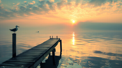 Seagull perched on a wooden post observing the sunrise over a tranquil lake