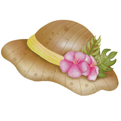 The hat is decorated with pink flowers. For summer beach travel