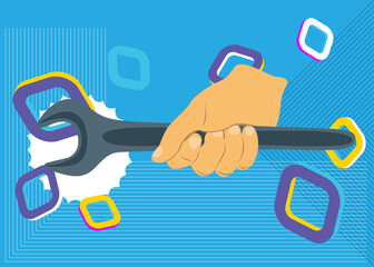 Wrench in hand, geometrical graphic retro theme background. Minimal geometric elements. Vintage abstract shapes vector illustration.