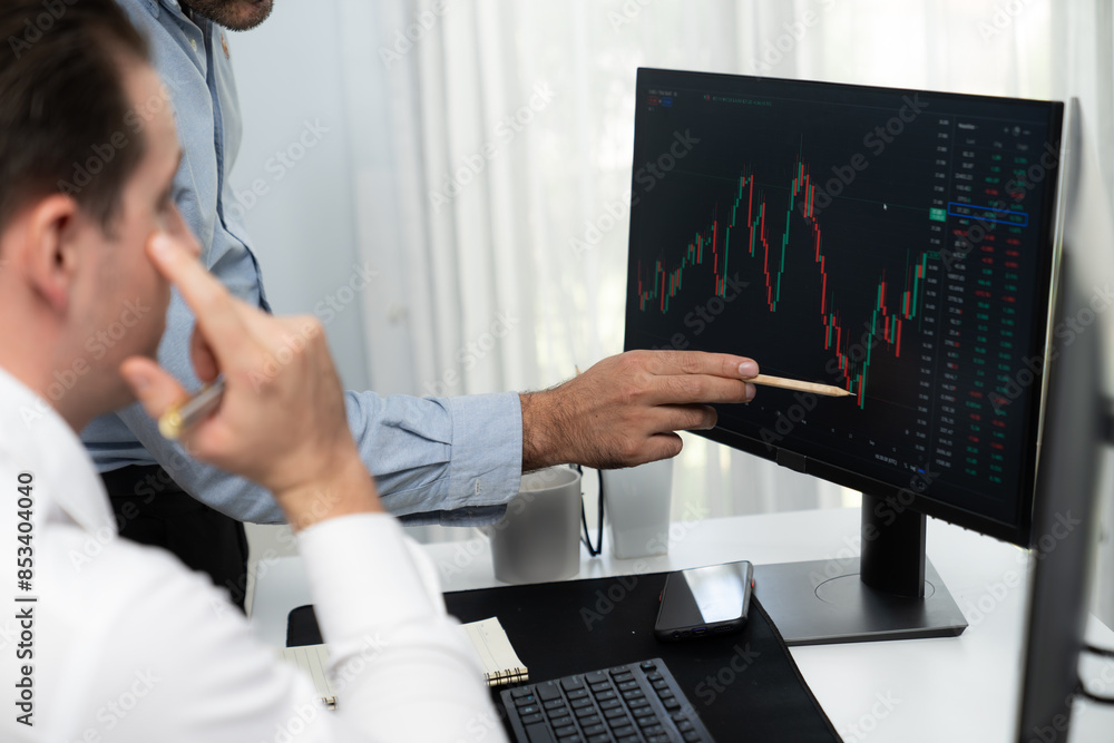 Poster stock trader pointing highest stock market to present coworker on dynamic valued analysis research o
