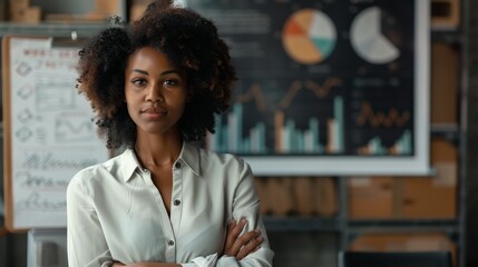 Fototapeta premium Empowered Black Female Executive Director Leading E-commerce Presentation with Data Analysis for Diverse Investors