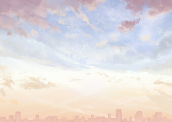 タイトルを乗せやすい余白のある夕暮れ間近の空の背景_町並み有