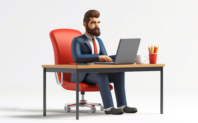 3D illustration of a businessman sitting at his desk and working on a laptop. He is wearing a suit and tie and has a beard. On the desk is a coffee mug, pencils, and a notebook.