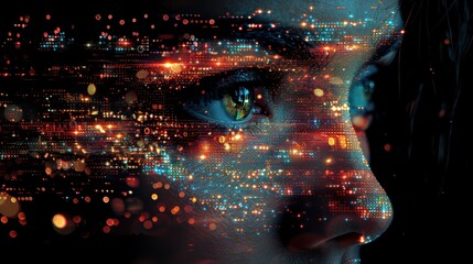 A woman's face is half-obscured by a glowing array of lights. 