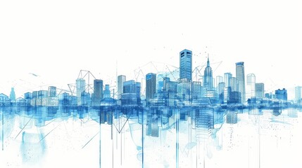Obraz premium City skyline water reflection with geometric overlay - A city skyline reflected on water with an overlay of abstract geometric lines and shapes