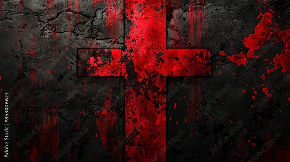 Poster abstract grunge texture with red cross - a gritty texture dominates this artwork, featuring a red cr