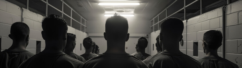 Men standing in a line in a dim hallway - A group of men seen from behind, standing in a line in a dimly lit institutional hallway