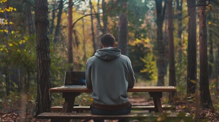 Fototapeta premium Freelancer working on laptop in autumn woods - A person in a hoodie works on a laptop, surrounded by the colorful foliage of a tranquil autumnal forest setting