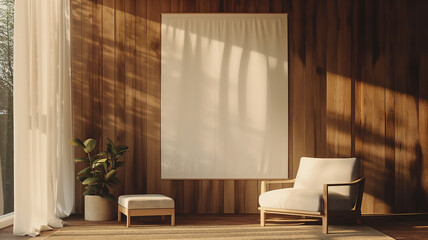 Wood Themed Minimalist Living Room Art Mockup with Empty Frame
