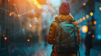 Woman with digital network overlay - A woman exploring a dark urban scene overlaid with a glowing network concept representing data connectivity